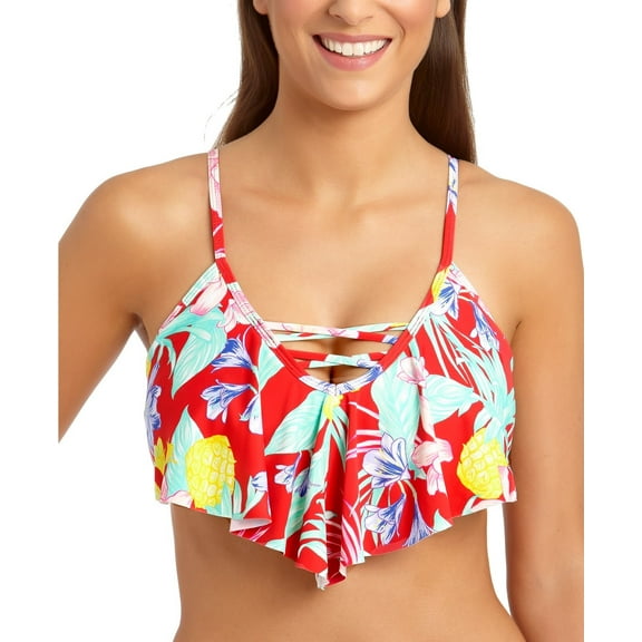 California Waves RED TROPICAL Tropic Printed Flounce Bikini Swim Top, US D/DD