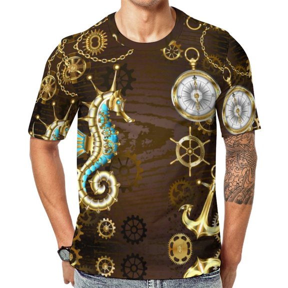T Shirt For Men Golden Steampunk Wooden With Mechanical Seahorse Basic Summer Retro Tees Short Sleev