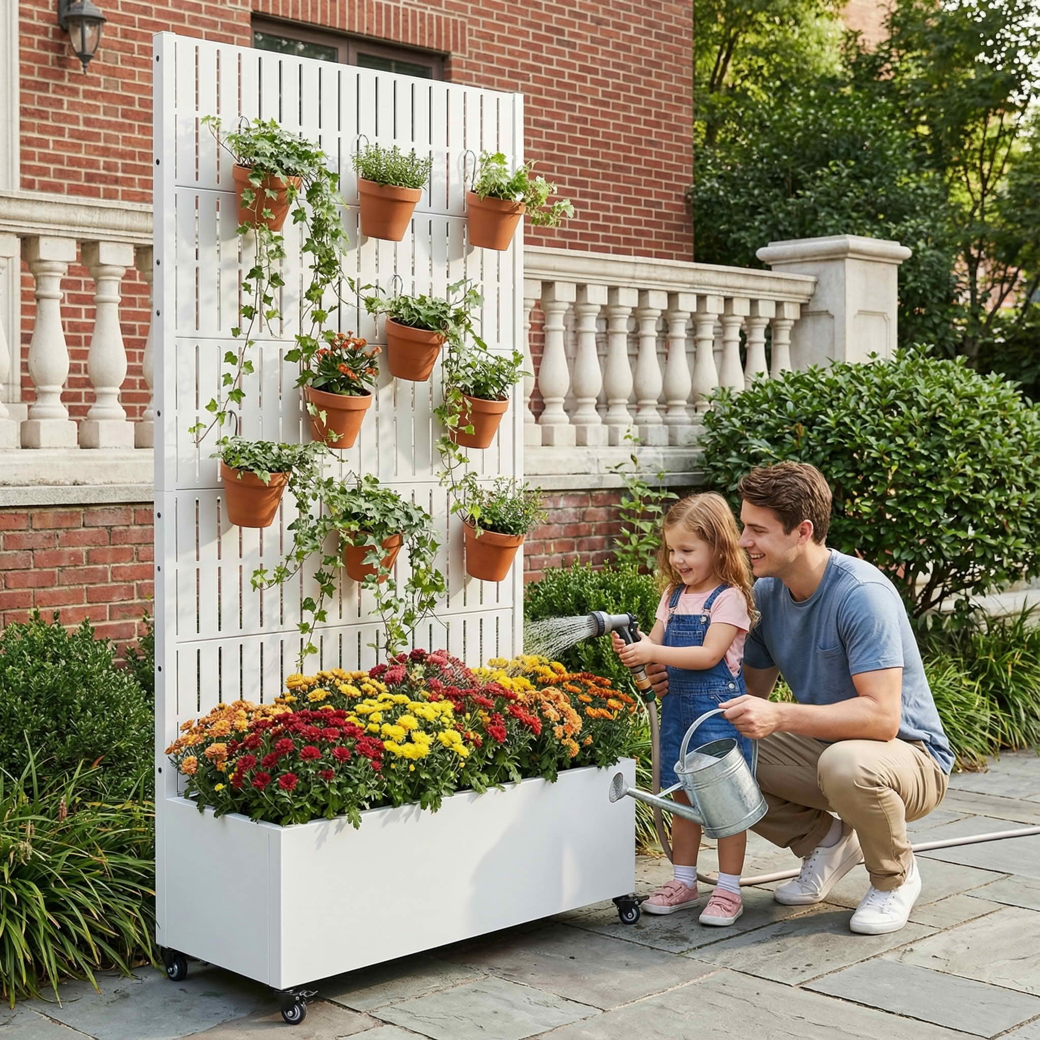MAYEERTY 72X35" Metal Outdoor White Privacy Screen with Planter Box for Backyard & Garden, 5 Piece Set