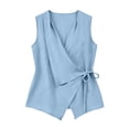 thumbnail image 6 of Nestiefly Womens Linen Wrap Tank Top V Neck Waist Side Tie Shirt Sleeveless Cotton Summer Blouses Asymmetrical Vest Tops Light Blue L, 6 of 6
