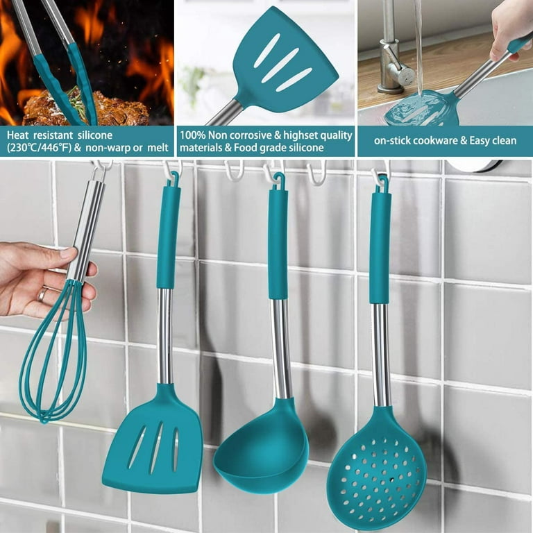 15 Pcs Silicone Cooking Utensils Kitchen Utensil Set - Umite Chef 446°F  Heat Resistant Stainless Steel Handles Kitchen Gadgets Tools Set for  Nonstick Cookware(Blue) 