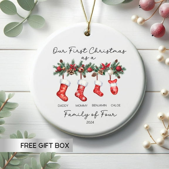 First Christmas as a Family of Four 2025 — Personalized Ornament with Pet, Custom Names