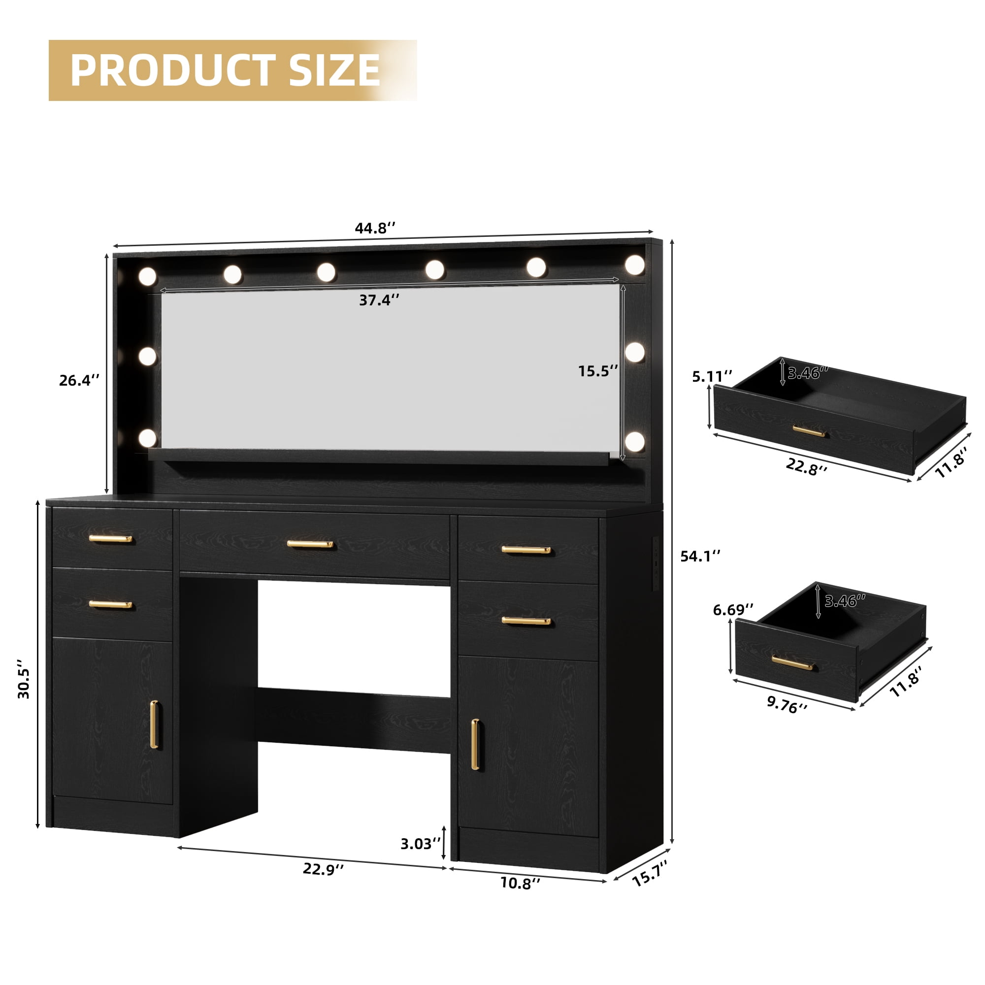 UGTOO 44.8" Black LED Vanity Desk with Hollywood Lights & Charging Station, Modern Makeup Table with 5 Drawers, 2 Cabinets & 3 Lighting Modes, Large Dressing Table for Women