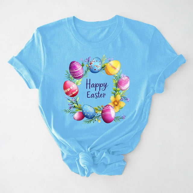 UPPADA Femmes Easter Oeufs Imprimé T-Shirts Heureux Easter Graphique Bunny Lapin Mignon T-Shirts Manches Courtes Décontracté Col Rond T-Shirts Été Basique Coupe Régulière Chemises Bleu,m