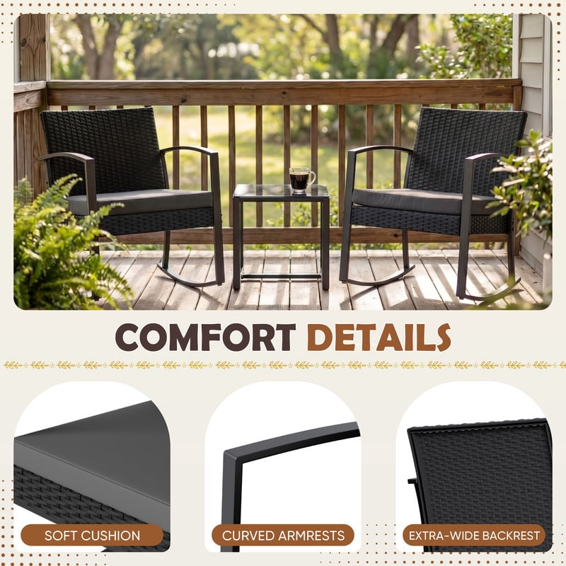 Homall Patio Furniture Set Outdoor Rocker All Weather PP Rocking Chair with Cushion Set of 3, Black