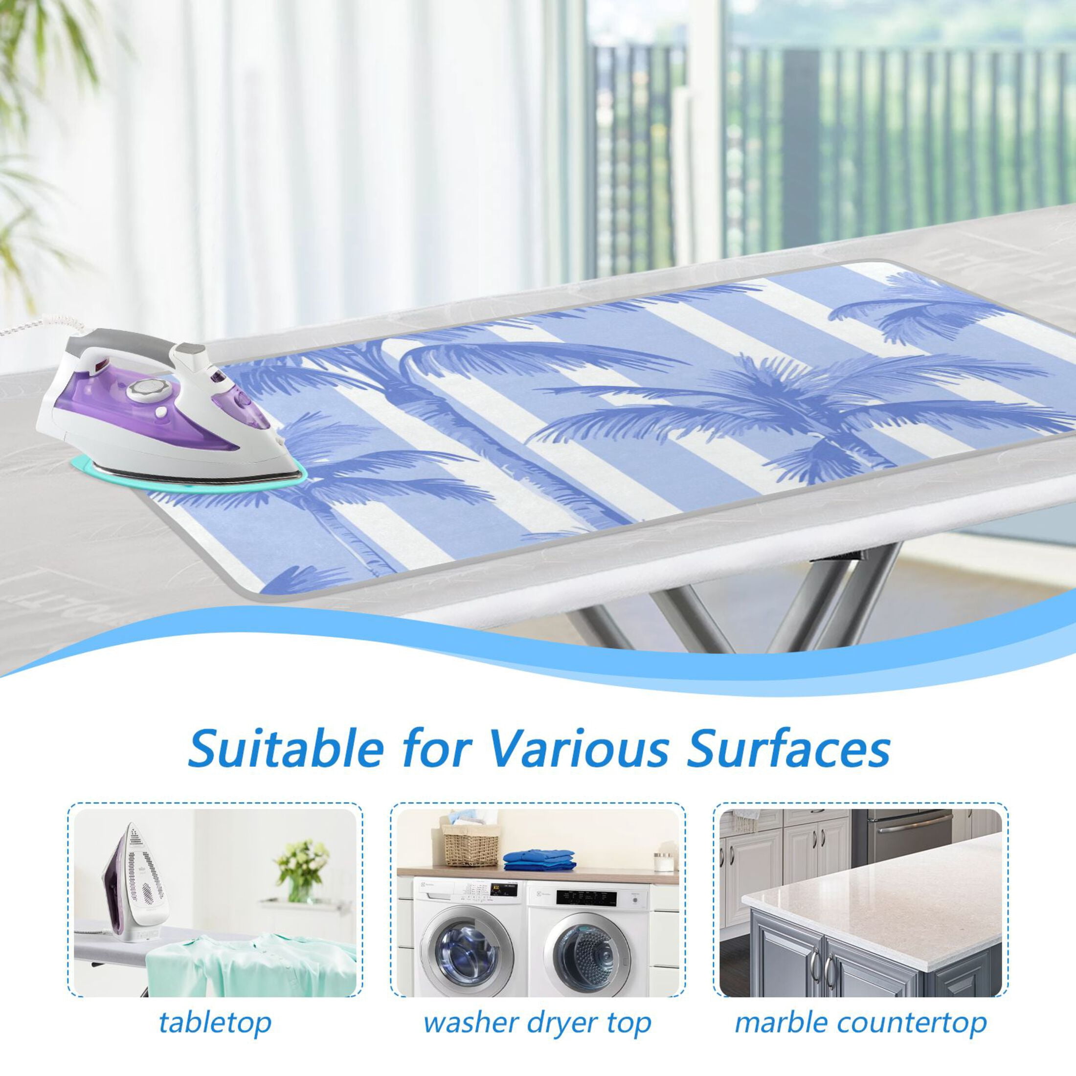 Blue Wide Stripes Coconut Trees Ironing Mat Blanket Portable Travel Ironing Pad Heat Resistant Pad 47.2" x 27.6”