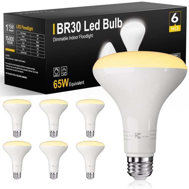 DAYBETTER Pack de 6 Bombillas Led BR30, Equivalentes a 65W, regulables, casquillo E26, luz blanca suave 2700K, 9W, 800lm, Ideal para Techo, Lámparas Empotradas en Sala y Cocina.