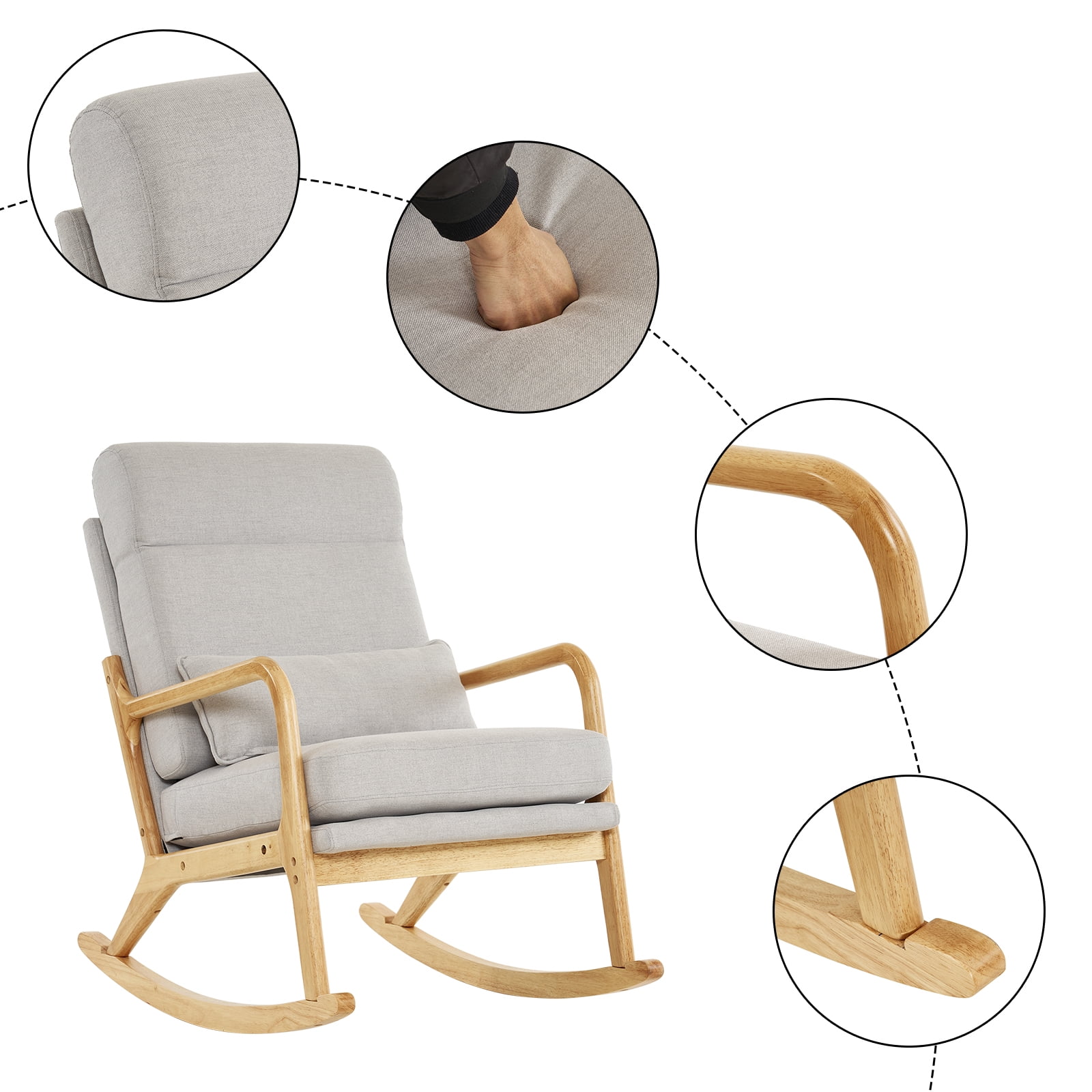 UBesGoo Linen Fabric Rocking Chair,Mid-Century Glider Rocker with Padded Seat and Wood Frame, Modern Accent Chair for Living Room Light Gray