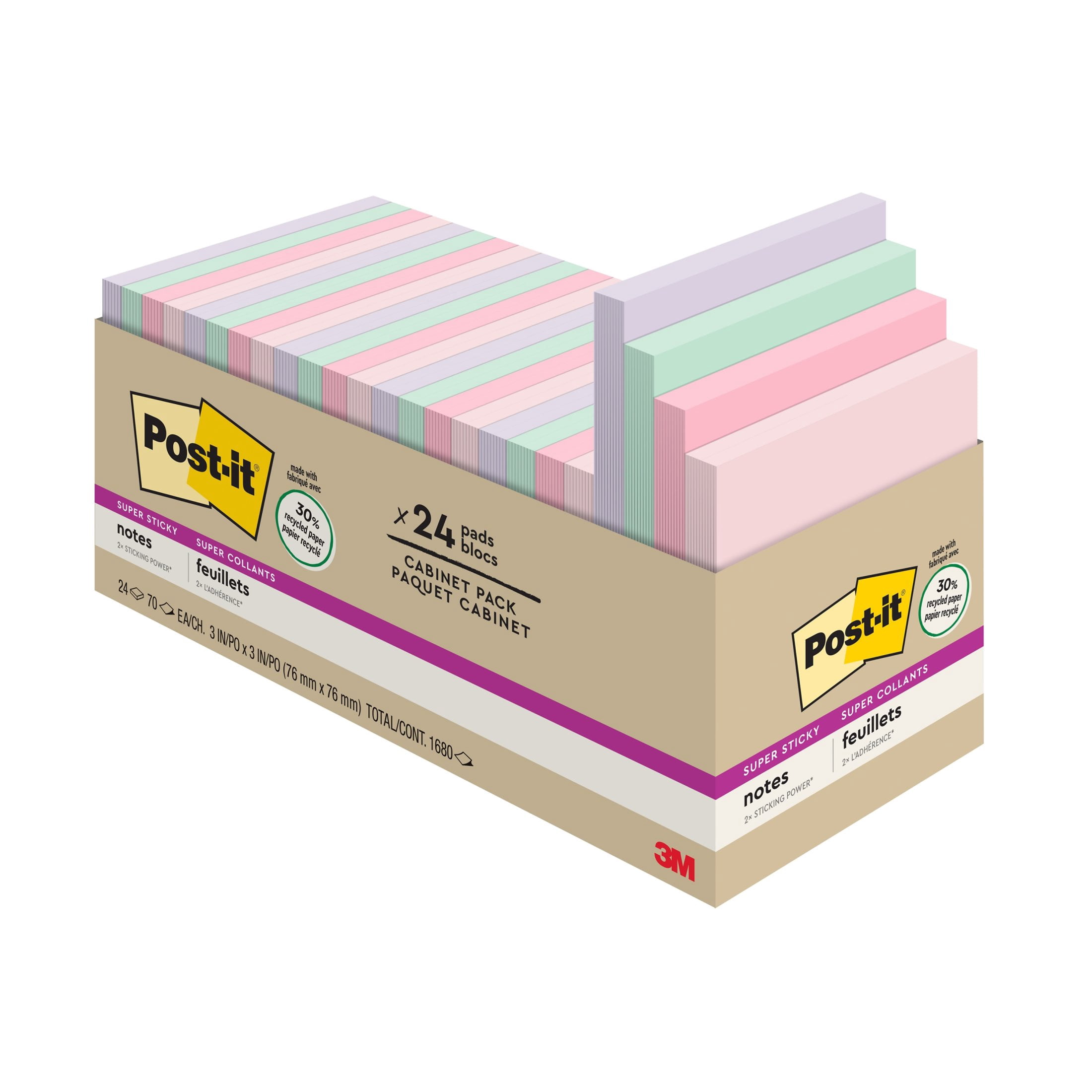 Post-it Recycled Super Sticky Notes, 3 in x 3 in, Wanderlust Pastels, 24 Pads