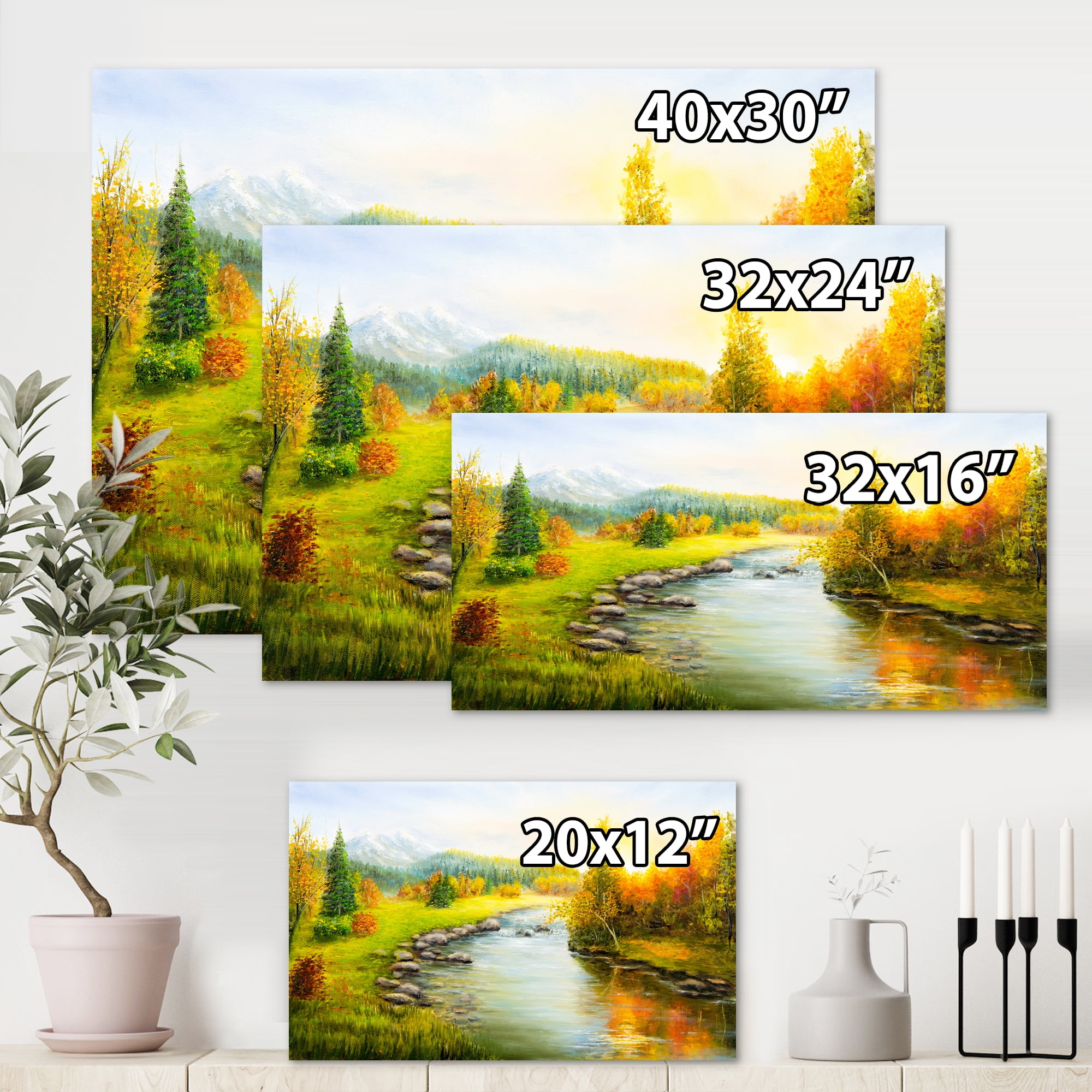 Designart ' Autumn Landscape With Forest River and Mountains ' Lake House Canvas Wall Art Print