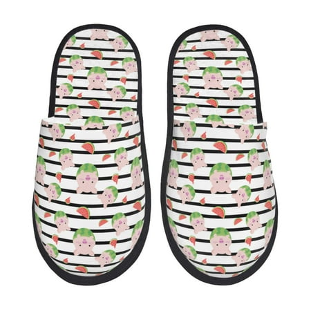 Balery Pig And Watermelon Slient Indoor Furry Fleece Comfort House Shoes Soft Non-Slip Home Shoes Cotton slippers House Slippers-- Large