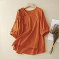 thumbnail image 2 of Women's Linen Short Sleeve Round Neck Top Shirt Blouse Solid Color Breathable Loose Fit Casual Summer Fashion Tunic | CSEONE,Orange XL, 2 of 9