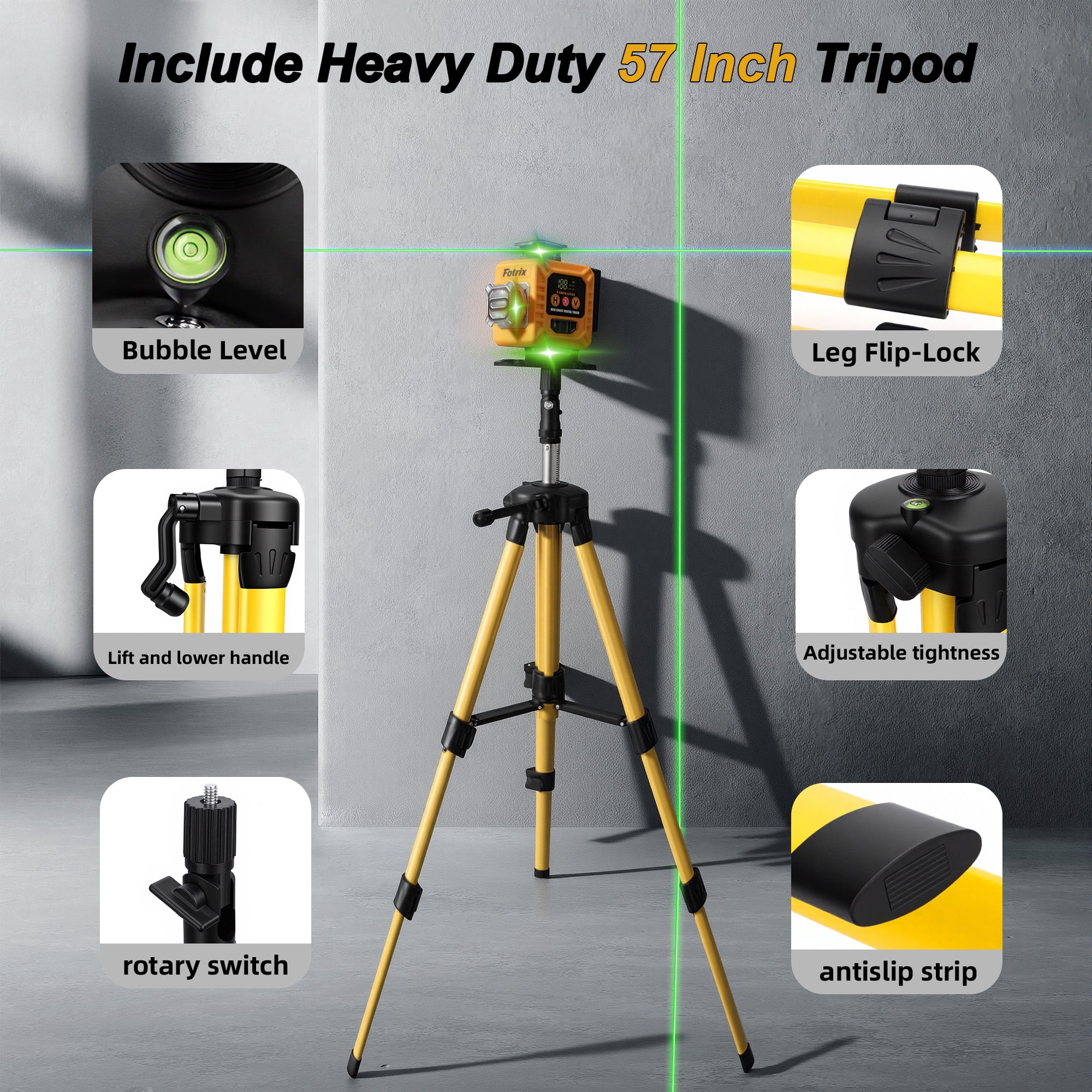 Fotirx Professional grade 16-wire 4D green laser level, 4 x 360° Green Laser Coverage, Bright Green Laser with High Accuracy, Self-Leveling & Pulse Mode, Dual 2000mAh Rechargeable Batteries