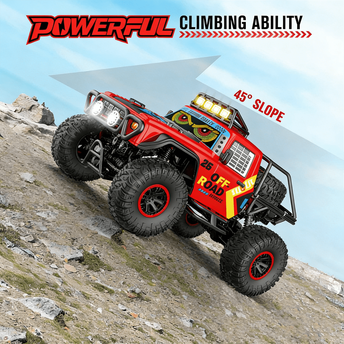 HNH 1:10 Big Remote Control Car for Kids, 4WD Off Road Rc Car Monster Truck with LED Light, Music, 25KM/H, 2 Batteries