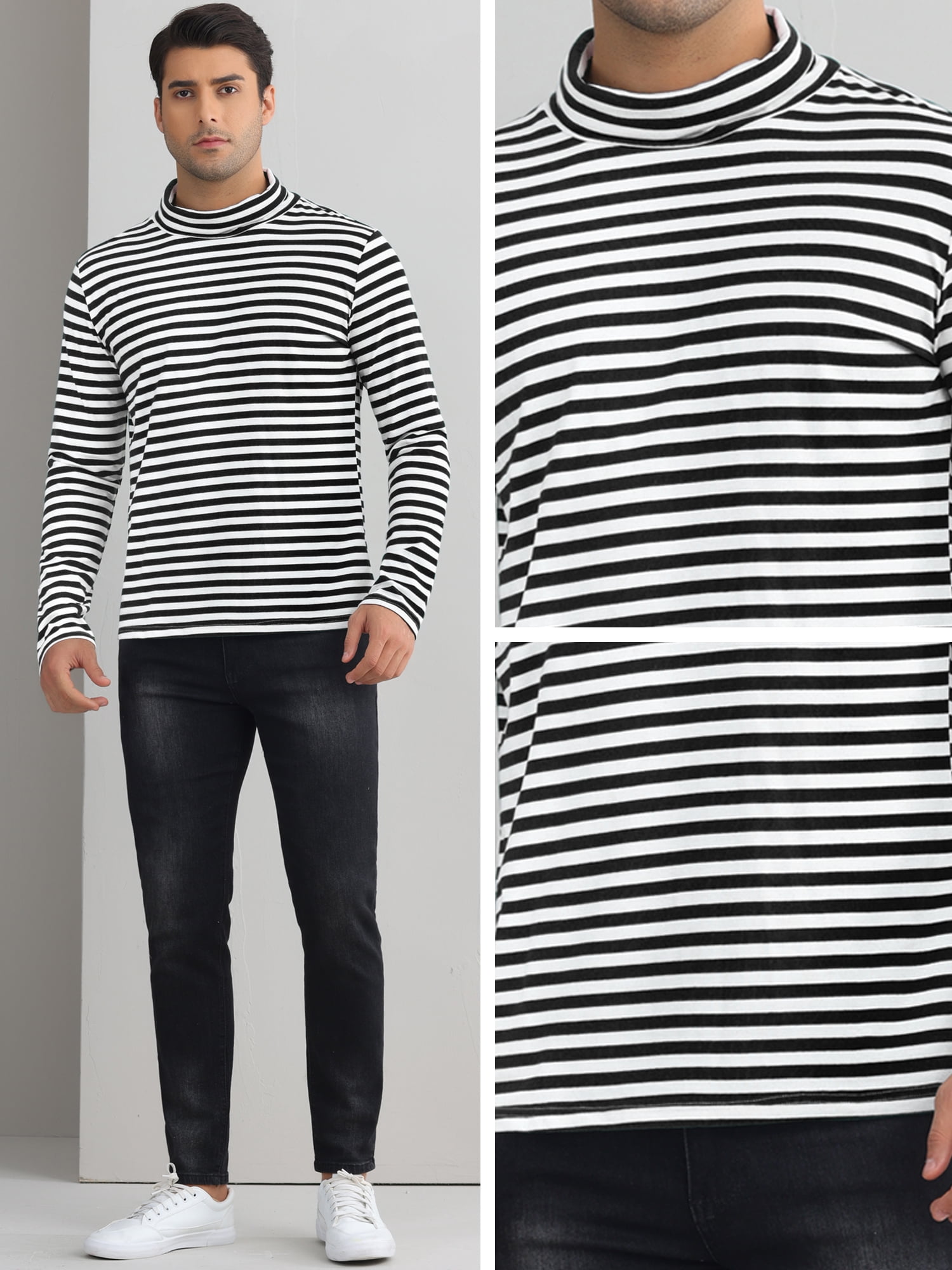 DARING DIVA Men's Striped Turtleneck Long Sleeves Pullover Stripes T-Shirt 2XL Black White