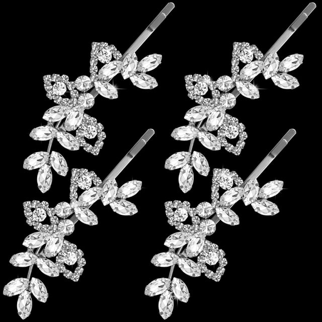 Isslly 4 pinzas para el pelo con diamantes de imitación plateados, horquillas de cristal para novia, horquillas francesas, pasadores de aleación con forma de hoja, joyería para el cabello para mujeres