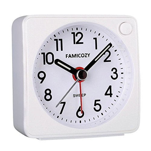 Mini Size Alarm Clock,FAMICOZY Quiet Non Ticking Travel Alarm Clock with Snooze and Nightlight,Gradually Increasing in Volume,Lightweight Analog Quartz Clock,Battery Operated,White