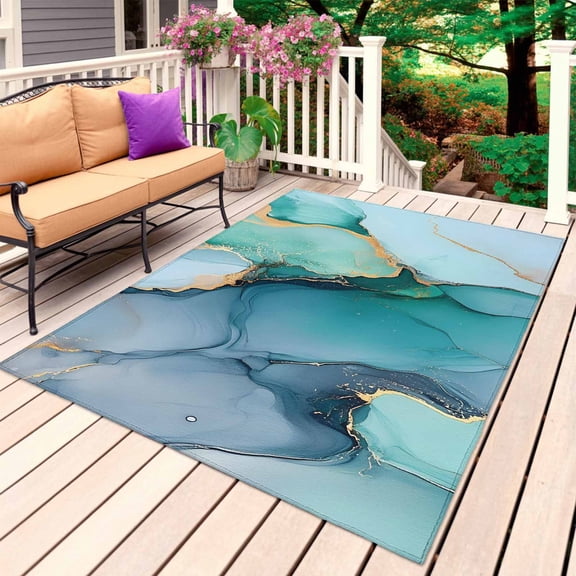 Teal Outdoor Rug for Patio/Deck/Porch, Non-Slip Large Area Rug 4 x 6 Ft, Ink Painting Abstract Art Modern Marble Indoor Outdoor Rugs Washable Area Rugs, Reversible Camping Rug Carpet Runner