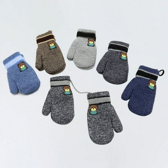 Toddler Kids Short Knitted Gloves Winter Thick Fleece Lining Mittens for 1-3 Years Old Khaki