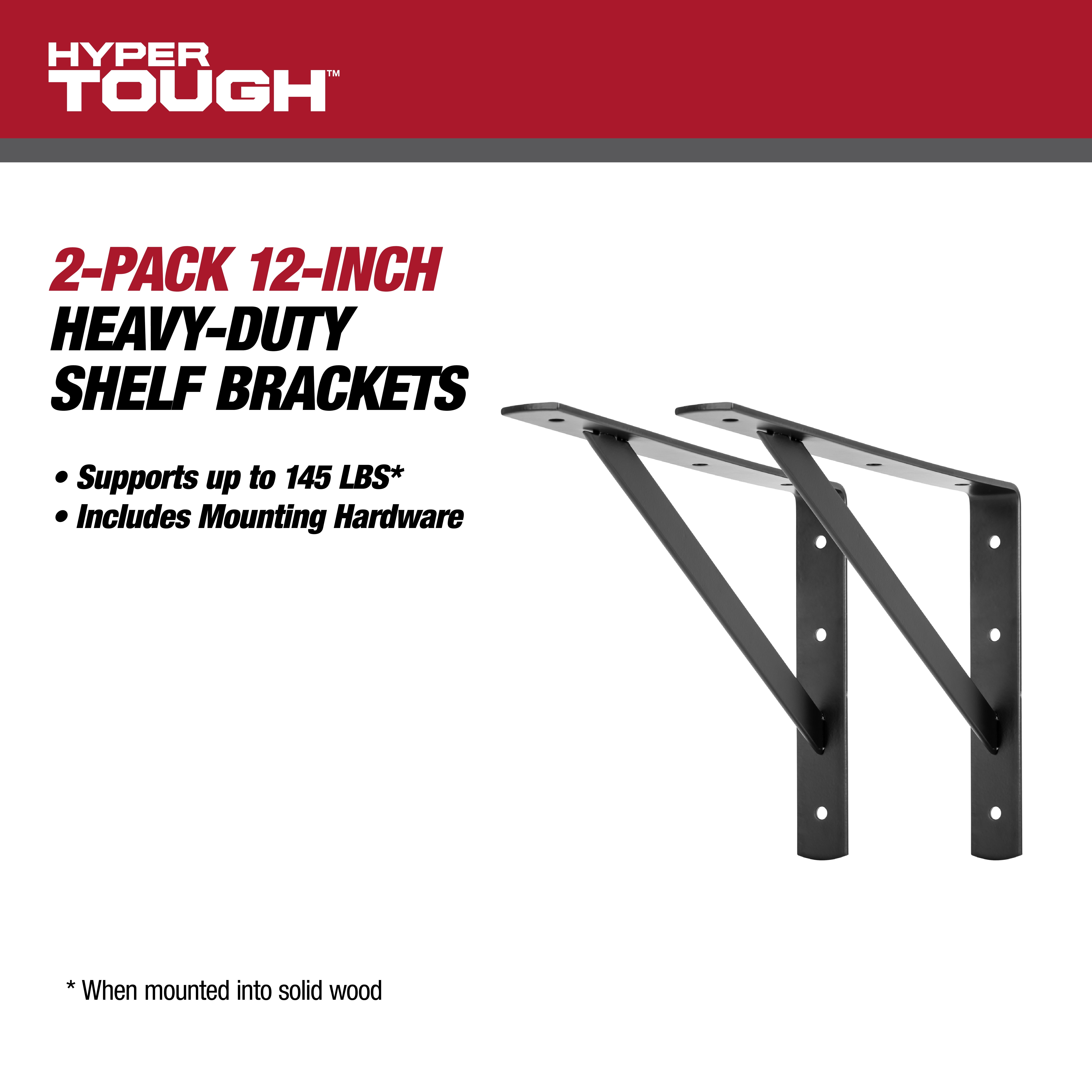 Hyper Tough Heavy Duty Shelf Bracket, Steel, 12 inch, Black, 2-Pack