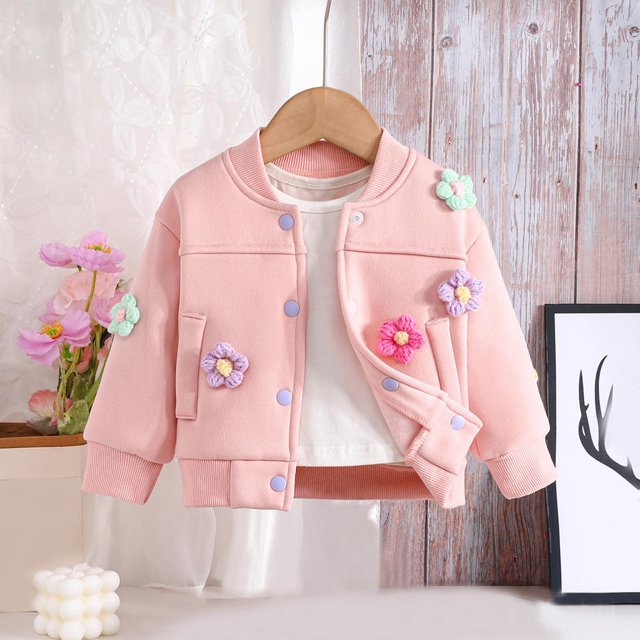LOVZFMLL Jackets for Girls Spring Toddler Girl Cute Embroidered Flower Long Sleeve Round Neck 2-3 Years