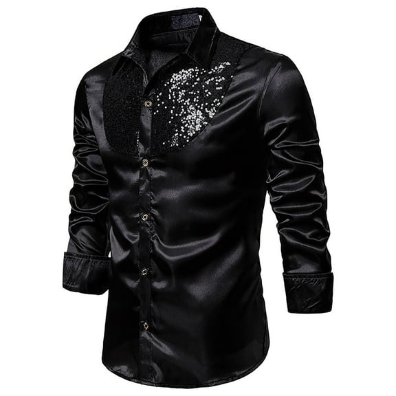 Huuilaibazoo Mens Sequins Long Sleeve Dress Shirts Prom Wedding Party 70s Luxury Disco Button Down T Shirts