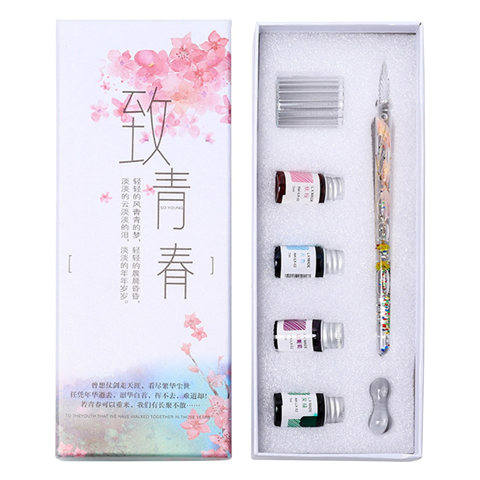 PPKVUFD Glass Dip Pen Calligraphy Fountain Pen Set - 4 Colors Ink Glass Washing Cup Pen Holder Handmade Rainbow Crystal Glass Ink Pen for Art Writing Drawing Signatures Christmas Gifts