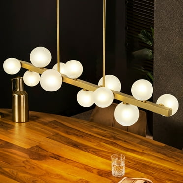 Rennnsan 12-Light Modern Gold Linear Sputnik Cluster Pendant Light Frosted Glass Globe Bubble Chandelier for Kitchen Island
