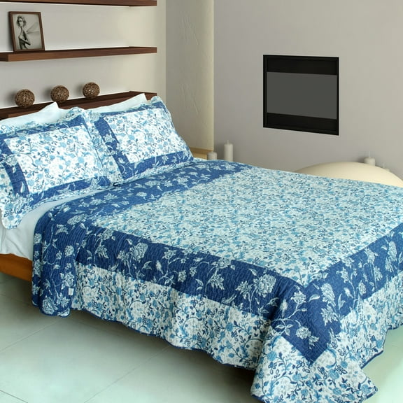 Blue River 100% Cotton 3PC Vermicelli-Quilted Patchwork Quilt Set (Full/Queen)
