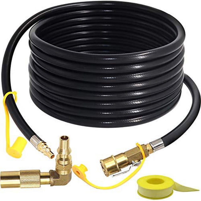 24FT Quick-Connect RV Propane Hose with 1/4" Safety Shutoff Valve and 1/4" Male Full Flow Plug, Low Pressure Quick Disconnect Propane Hose with Elbow Adapter for 17" and 22" Blackstone Griddles