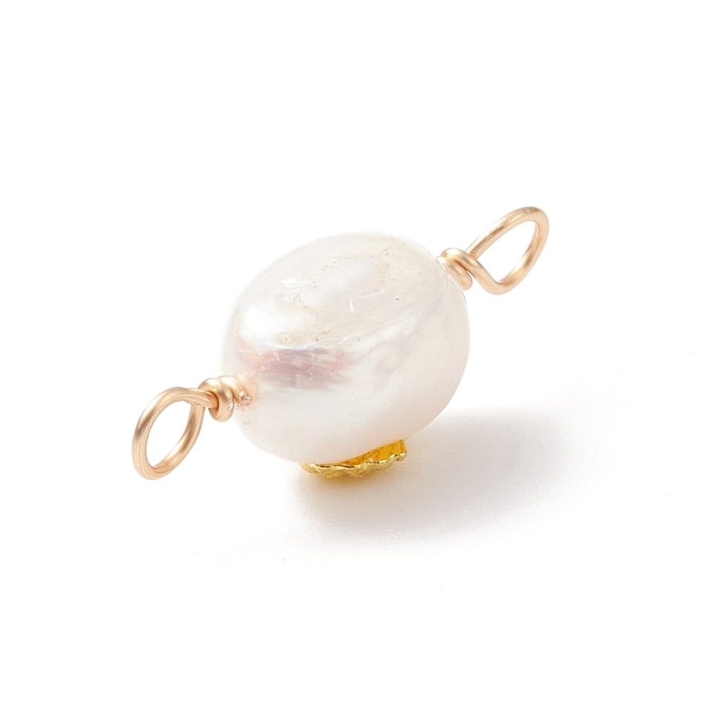 50pcs Grade AA Cultured Freshwater Pearl Connector with Golden Tone Alloy Slices Two Sides Polished with Copper Wire Double Loops Shell Pattern 20~21x8~9x6~8mm Hole: 2.5mm