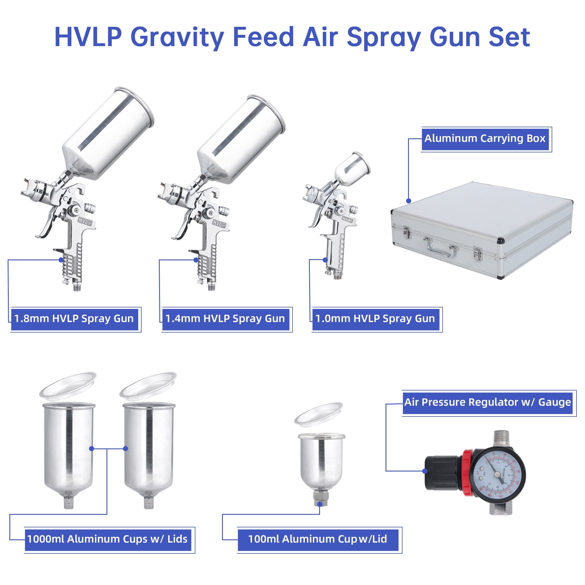 1.8mm HVLP Pneumatic Gravity Air Pressure Regulator Car Knobs Paint Sprayer Set 