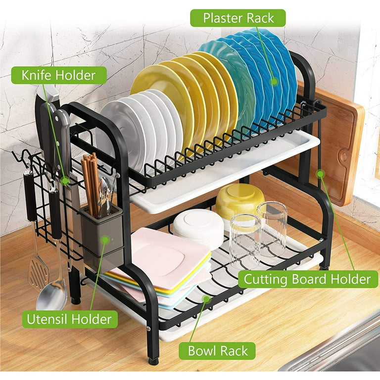 2-tier Rust-proof Dish Drying Rack With Drain Board Hooks, Cutting