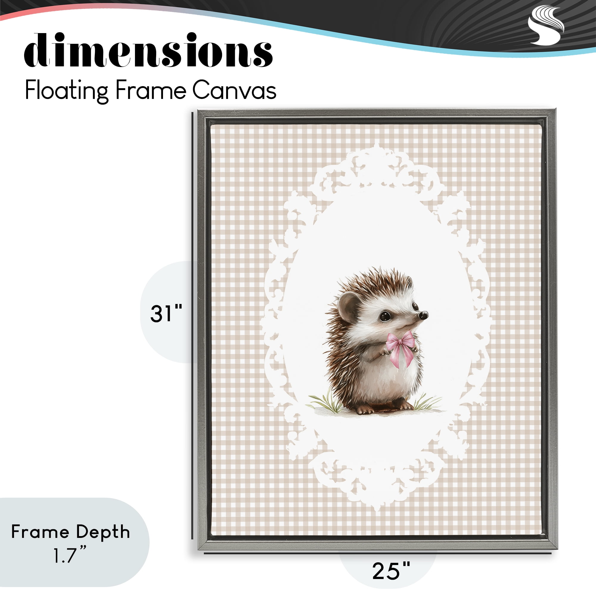 Stupell Industries Vintage Bow Hedgehog on Gingham Gray Framed Floater Canvas Wall Art, design by Christine Simpson Art