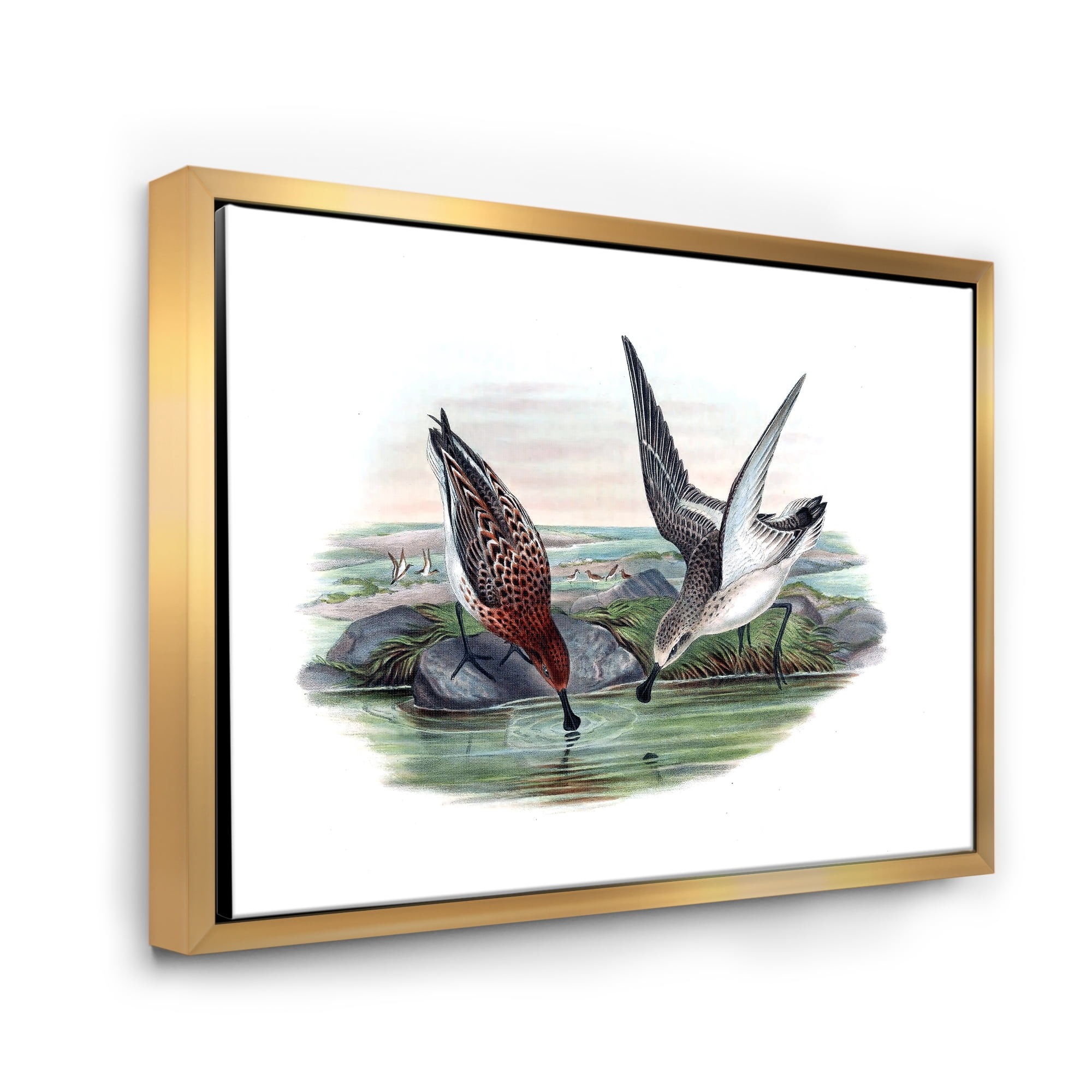 Vintage Countryside Two Birds In Lake 40 in x 30 in Framed Painting Canvas Art Print, by Designart