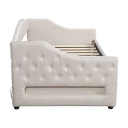 Noble House Twin XL Linen Upholstered Daybed, Tufted Frame with 7-Color LED Belt and 2 Storage Drawers, Beige