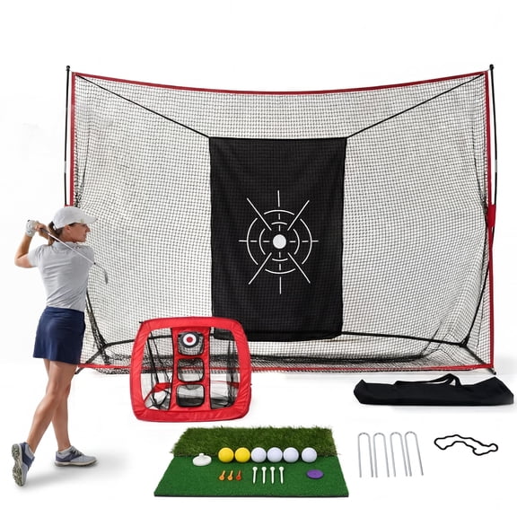 Golf Practice Net 10x7ft for Driving, Chipping, Putting, Backyard & Indoor Training Net with Chipping Targets, Mat, 8 Tees, 6 Balls, Carry Bag, Heavy Duty for Garage, Home Use