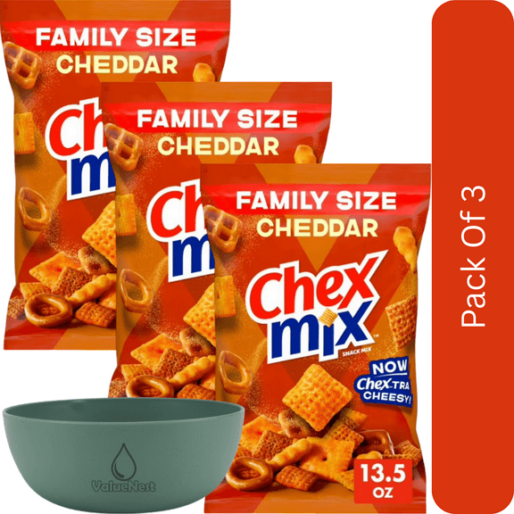 Chex Mix Cheddar Snack Mix, Family Size, 13.5 oz-3pk, With Olive Green Bowl By ValueNest