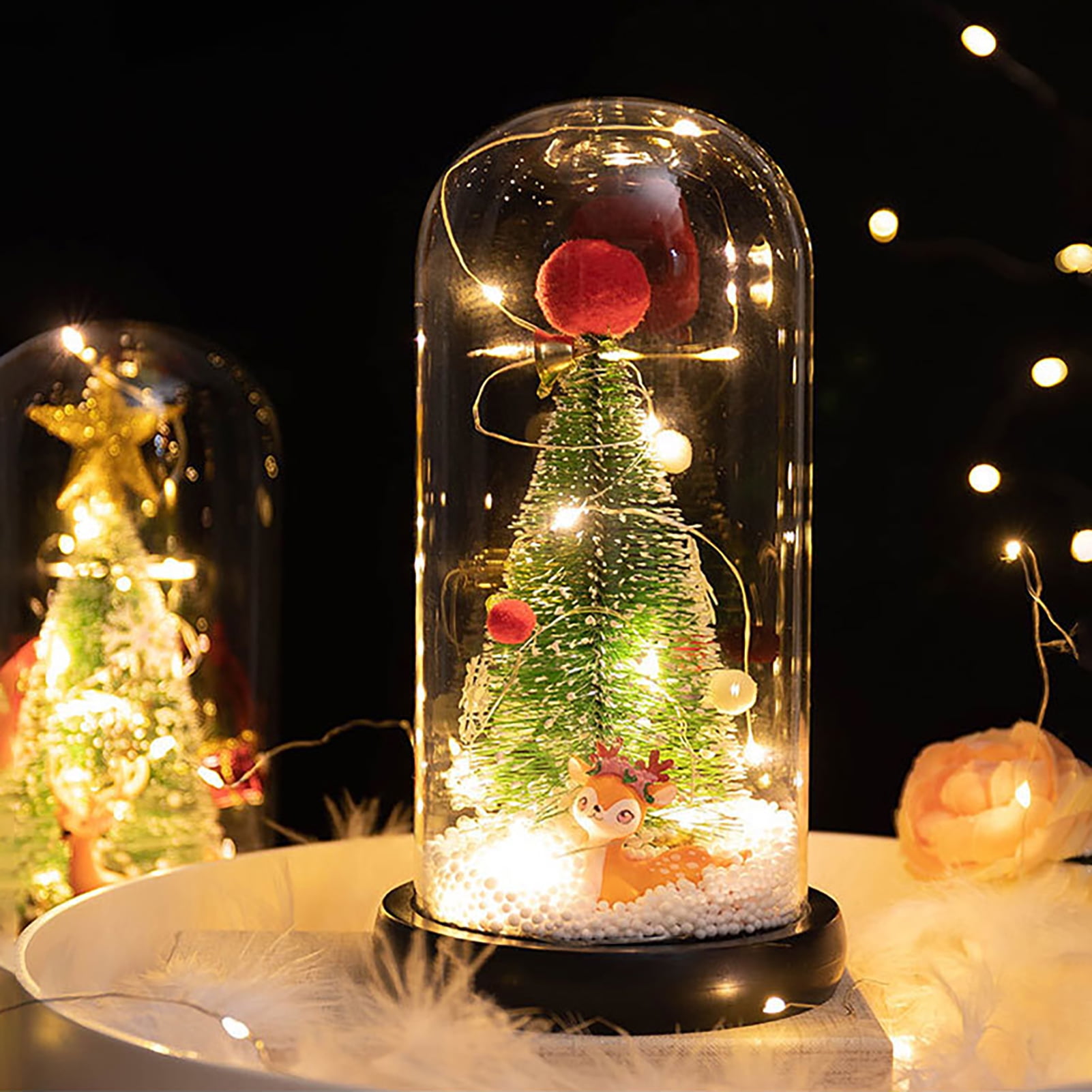Christmas Decorations Indoor, 3 Pcs Sparkling Glass Green Christmas Tree Table Decorations with LED Lights and Timer, Textured Xmas Tree Decorations F