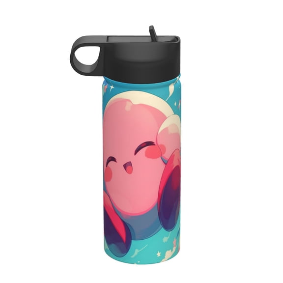 Kirby Kids Insulated Water Bottle With Straw - 18 Oz Stainless Steel Double Wall Vacuum Cup, Leakproof, Bpa Free, Suitable For Boys And Girls