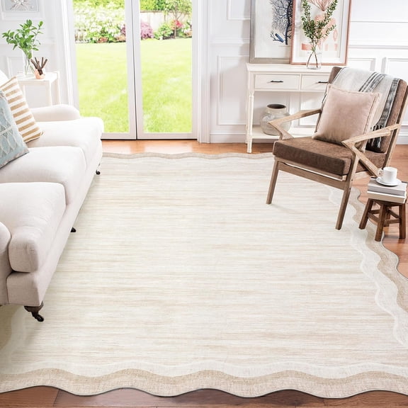 Scalloped Area Rug 8x10 Washable Modern Low Pile Carpet Non Slip Stain Resistant Soft Polyester Rug for Living Room Bedroom Dining Room Office,Cream