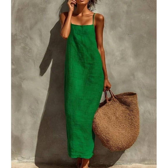 Emerald Green Linen Blend Slip Maxi Dress, Square Neck Sleeveless Casual Dress For Beach & Vacation