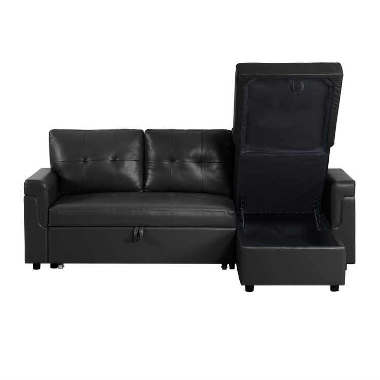 78 in. W Convertible Sleeper Sectional Sofa, L Shaped Couch for Small Space Living Room, Storage Chaise, L Shaped Pull Out Sofa - Black,Air Leather
