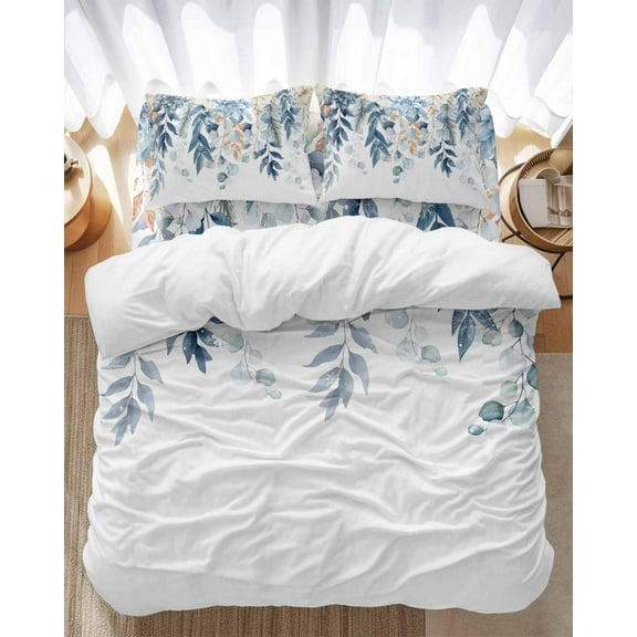 Blue Christmas Bedding Duvet Cover Set Full Size 4 Pieces Flower Poinsettia Holly Eucalyptus Bedding Set with Zipper Closure, 1 Comforter Cover 86x86 Inches 1 Flat Sheet & 2 Pillow Cases