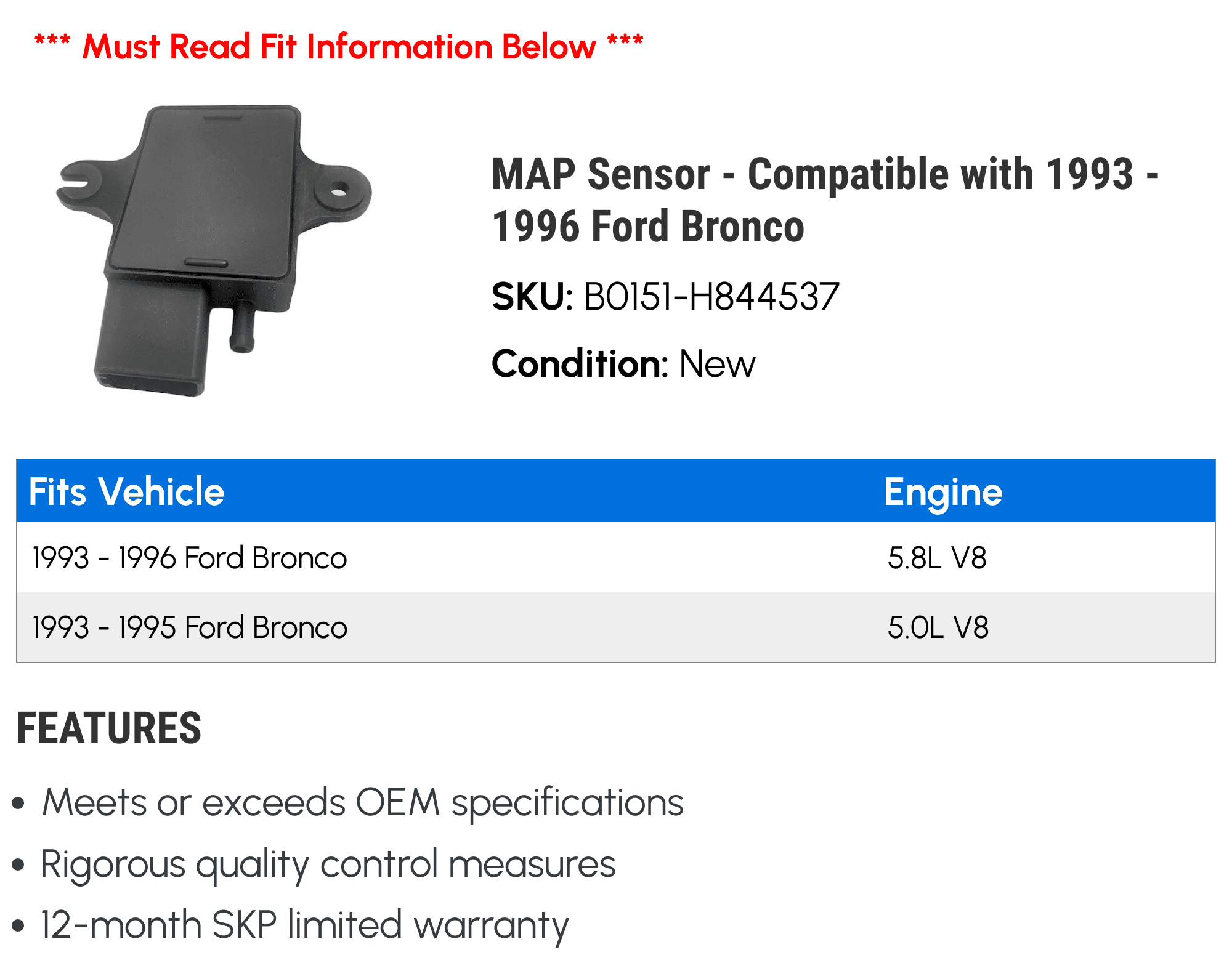 MAP Sensor - Compatible with 1993 - 1996 Ford Bronco 1994 1995 - Walmart.com, image size:2000x1577