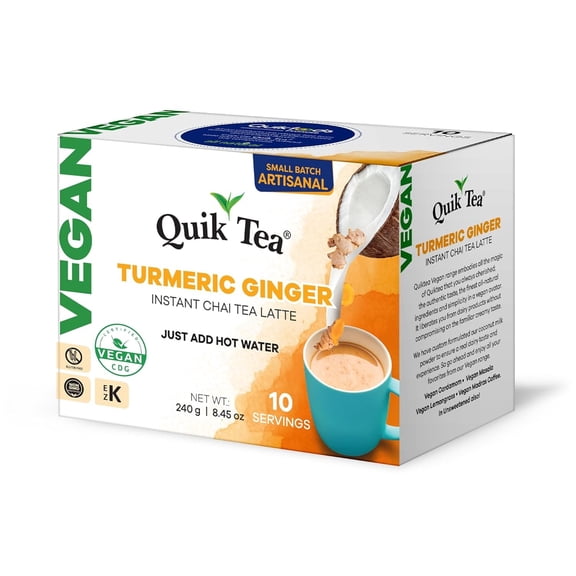 QuikTea Vegan Instant Turmeric Ginger Chai Tea Latte, 10 Single-Serve Sachets, Authentic Indian Chai Made with Coconut Milk Powder, Plant-Based Chai Latte Mix, Just Add Hot Water, Non-GMO, Gluten Fre