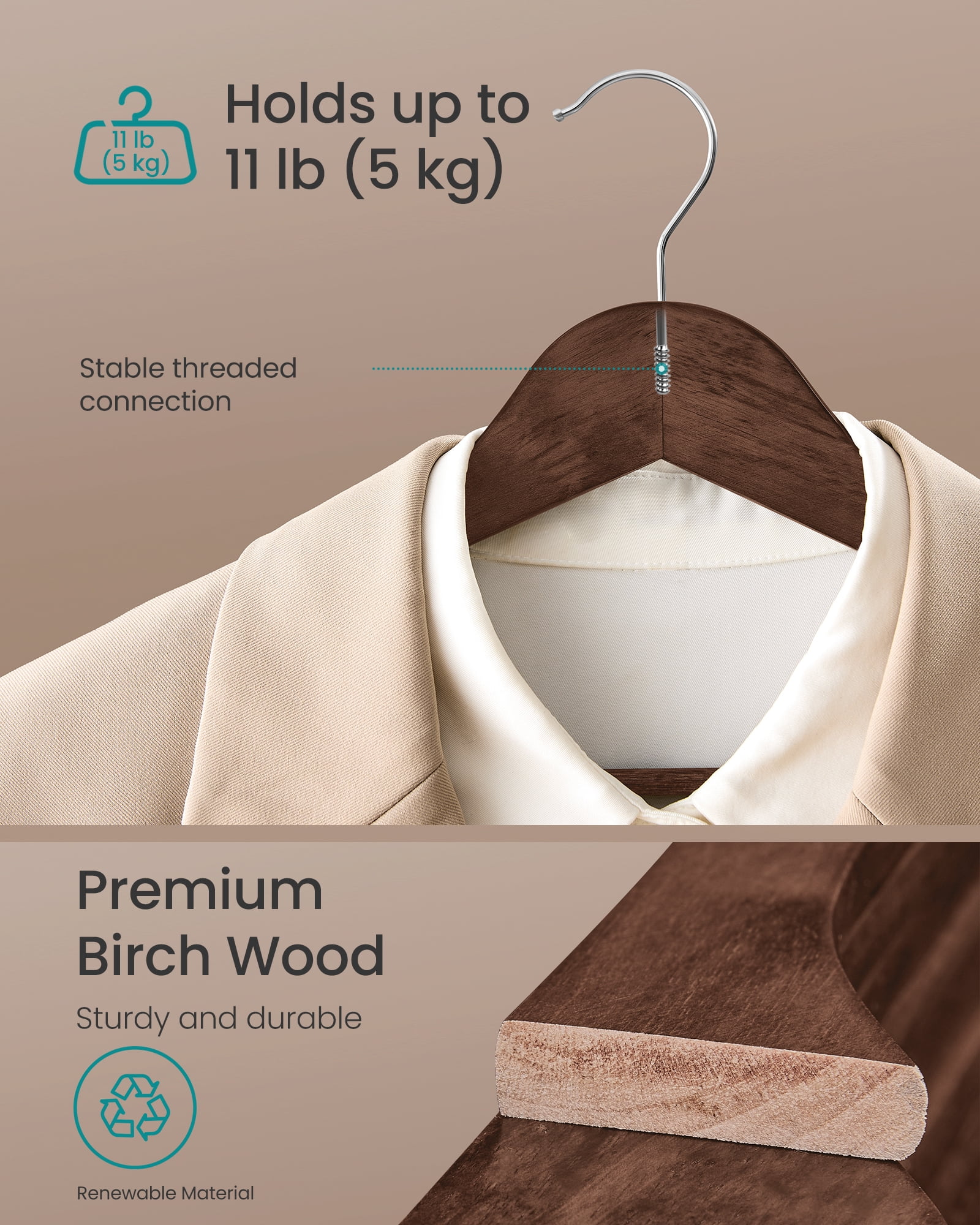 30-Pack Solid Birch Wood Hangers with Pants Bar & 360° Swivel Hooks, Space Saving Closet Organizers for Jackets Coats, Walnut Brown