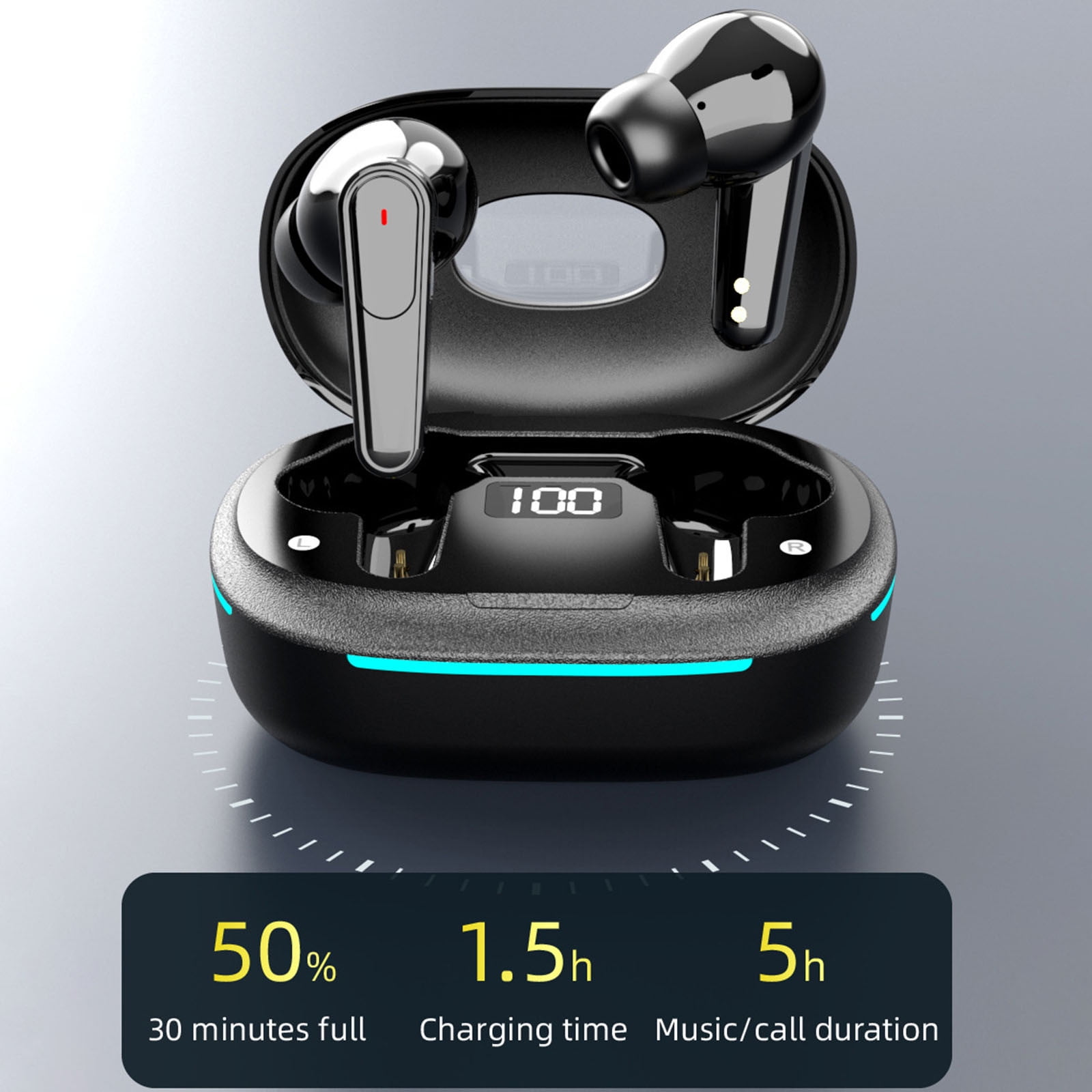 Bluetooth Headphones True Wireless Earbuds 60H Playback LED Power Display Earphones with Wireless Charging Case IPX5 Waterproof in-Ear Earbuds with Mic for TV Smart Phone Laptop Computer Sports,Black
