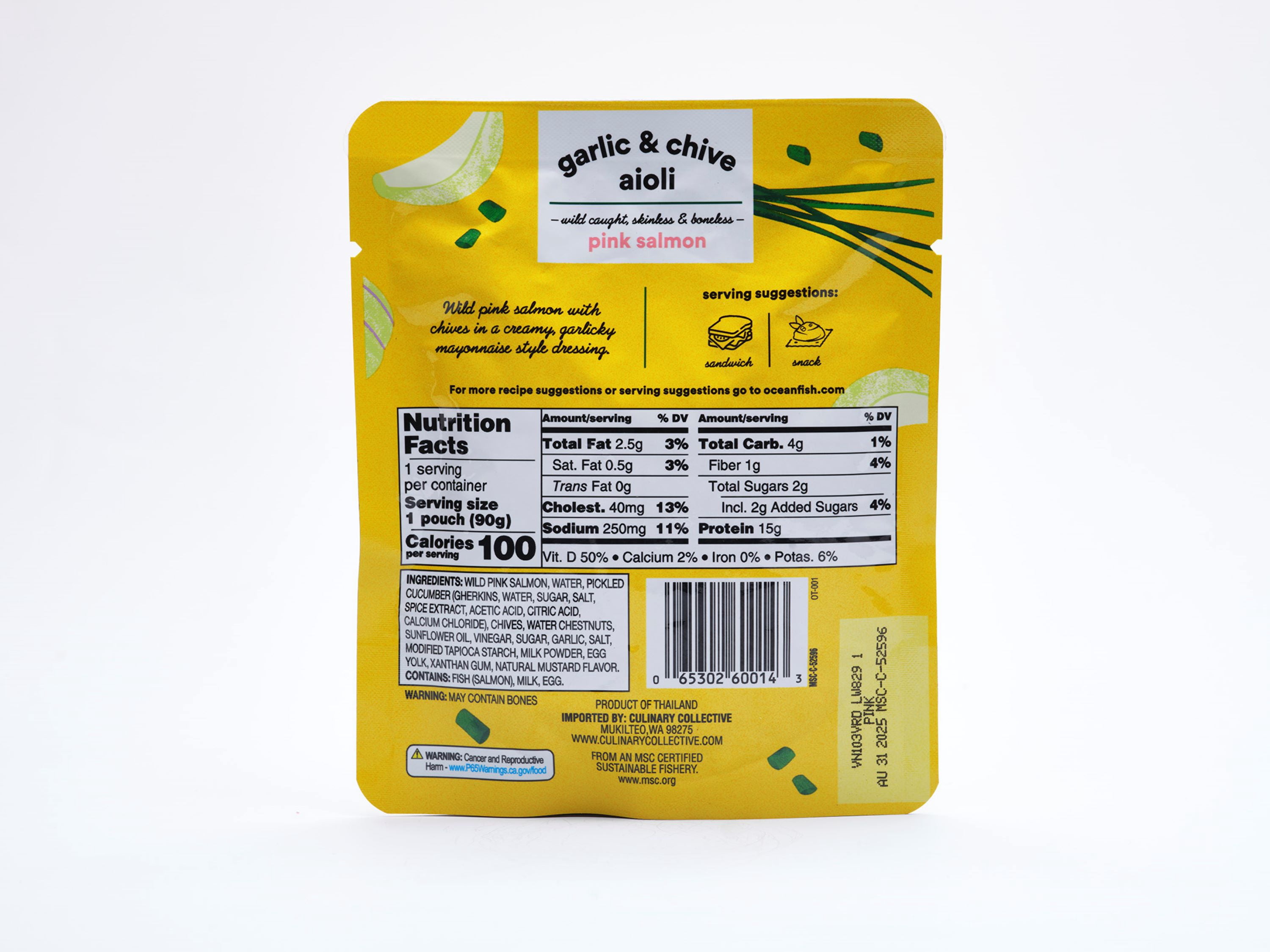 (3 pack) Ocean's Wild Alaskan Pink Salmon, Garlic & Chive Aioli, 15g Protein, Shelf-Stable, 3.17 oz Pouch