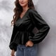 thumbnail image 4 of ICHUANYI Clearance Women's And Winter V-Neck Lantern Sleeve Chiffon Shirt Solid Color Waist Long-Sleeved Top(Black, L) ICHUANYI WER2023081206874, 4 of 9